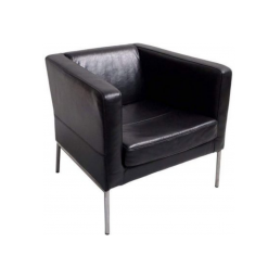 Black barrel chair with boxy lines. Black leather. Arms and back are the same height. Silver legs.
