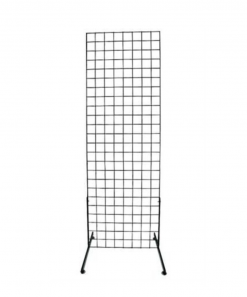 Black wire metal grid panel - two feet wide and 6 feet tall with legs. Freestanding.