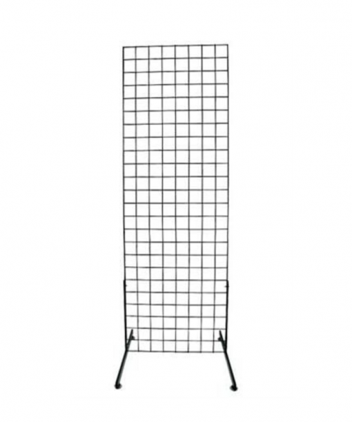 Black wire metal grid panel - two feet wide and 6 feet tall with legs. Freestanding.