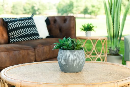 Lounge seating area outside. Close up on coffee table top that has woven rattan. Succulent plant with a vase on the coffee table. Brown leather couch, rattan side table, and a plant in the background.