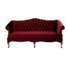 Deep red victorian sofa with button tufted back, rolled arms, curved wooden legs, and 1 long cushion.