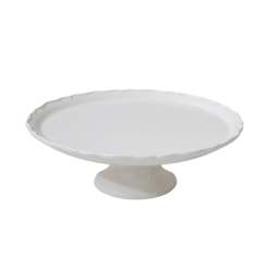 Round ceramic glossed pedestal cake stand with slightly scalloped edges.