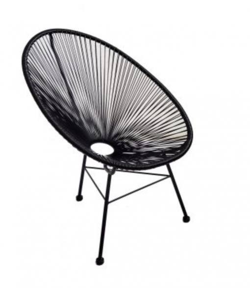 Black basket lounge chair. Durable cord weave. Three legs.