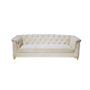 White velvet sofa with tufted back and rolling over the arms. One solid cushion on the seat. Gold feet.