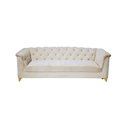 White velvet sofa with tufted back and rolling over the arms. One solid cushion on the seat. Gold feet.