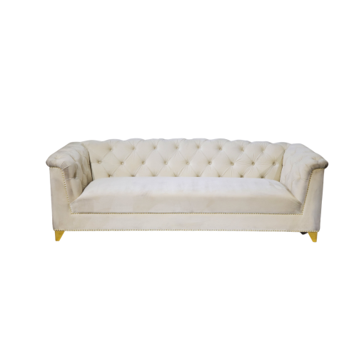 White velvet sofa with tufted back and rolling over the arms. One solid cushion on the seat. Gold feet.