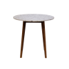 Round marble bistro table with straight wooden legs.