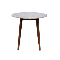 Round marble bistro table with straight wooden legs.