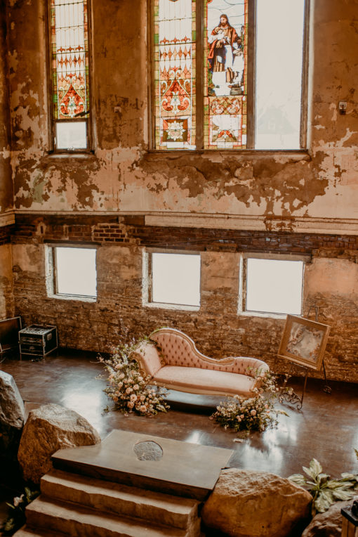 Arial view of the sofa in an old church venue