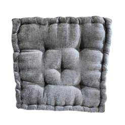 Gray square cushion with stitching on edges and 5 buttons