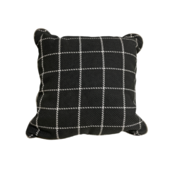 Black square pillow with white intersecting lines creating squares