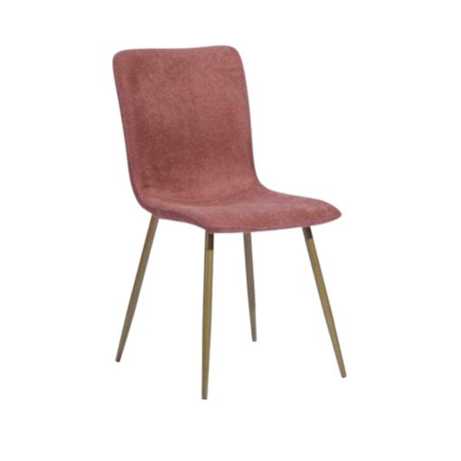 Coral mid century style accent dining chair with gold legs.