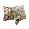 Two Square pillows with polka dots of multicolors - orange, lime green, navy, purple. Colorful lines connect the dots in vertical lines