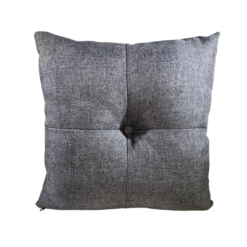 Gray square pillow with a button in the middle with 4 stitched lines from the edge to the center
