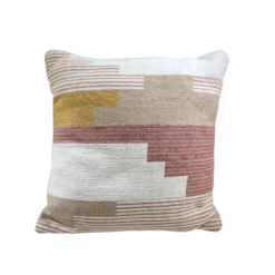 White square pillow with tan, amber, and coral blocks of color.
