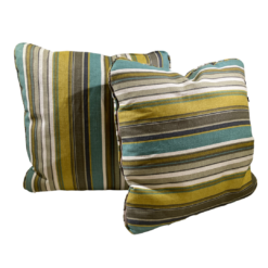 Square pillow with multicolored stripes in olive, brown, turquoise , white, and