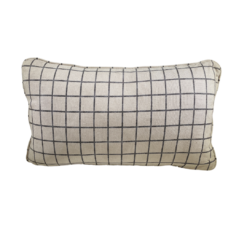 Rectangular off white pillow with gray vertical and horizontal stripes creating squares