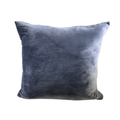 A blue gray velvet square pillow