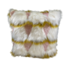 Furry square pillow with white squares and amber and pink in between the squares
