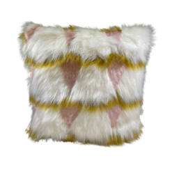 Furry square pillow with white squares and amber and pink in between the squares