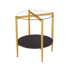 Round side table with 4 gold legs that lead to an X on the top. Glass top and a black shelf.