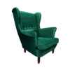 Hunter green velvet wingback armchair with high back, round arms, buttons in the middle, and 4 black legs