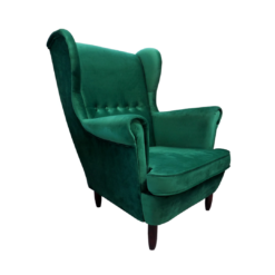 Hunter green velvet wingback armchair with high back, round arms, buttons in the middle, and 4 black legs
