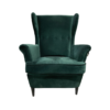 Front view of green velvet high back wing chair