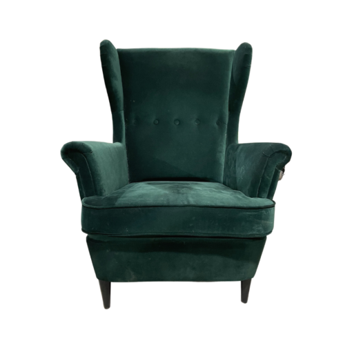 Front view of green velvet high back wing chair
