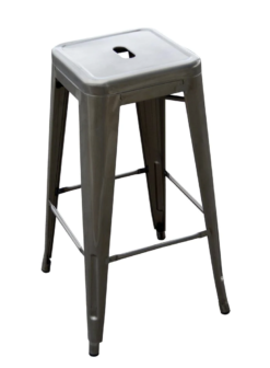 Square metal bar stool with 4 legs and a thin bar around the base