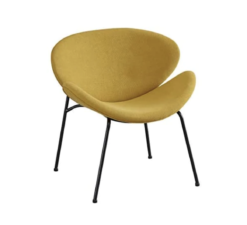 Retro Mid Century Modern yellow mustard accent chair. Horizonal oval back with a deep scooped seat. Black metal legs