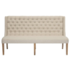 6 foot long armless loveseat with a highback in beige fabric with button tufts on the back.