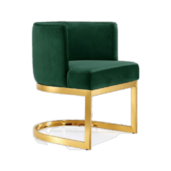 Curved round barrel chair with green velvet and gold rounded base connected to the seat with two legs
