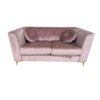 Soft pink velvet loveseat with tufted back, two large cushions, square arms and gold legs. Includes two round matching pillows.