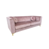 Soft pink velvet sofa with tufted back, two large cushions, square arms and gold legs. Includes two round matching pillows. Side view