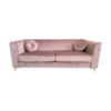 Soft pink velvet sofa with tufted back, two large cushions, square arms and gold legs. Includes two round matching pillows.