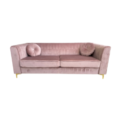 Soft pink velvet sofa with tufted back, two large cushions, square arms and gold legs. Includes two round matching pillows.