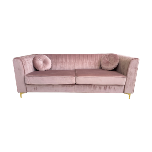 Soft pink velvet sofa with tufted back, two large cushions, square arms and gold legs. Includes two round matching pillows.