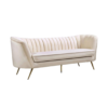 Plush velvet mid-century modern sofa with rounded arms, single seat cushion, tufted back and gold legs