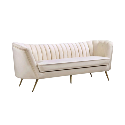Plush velvet mid-century modern sofa with rounded arms, single seat cushion, tufted back and gold legs