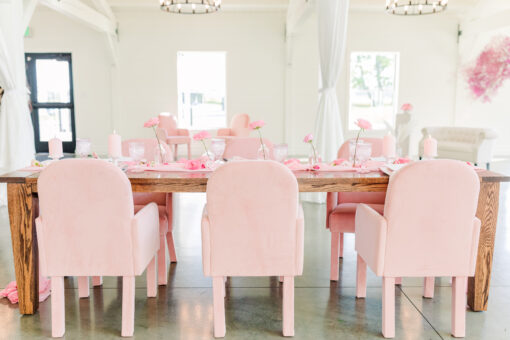 Pink velvet chair at Sixpence in Whitestown