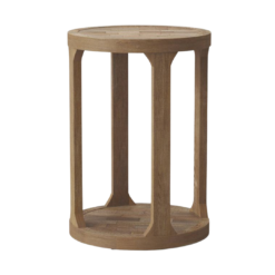 Rustic wooden round accent table with four legs connecting down to a solid wood round bottom.