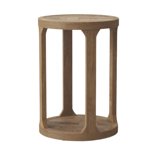 Rustic wooden round accent table with four legs connecting down to a solid wood round bottom.