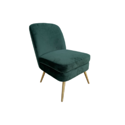 Emerald green velvet armless chair with gold legs, side view