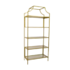 5 tiered rectangular bookshelf etagere with thin gold framing and glass shelves. Top has a curved upper accent.