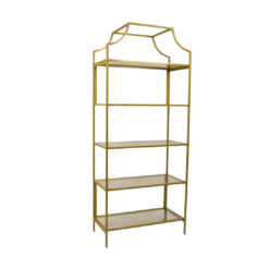 5 tiered rectangular bookshelf etagere with thin gold framing and glass shelves. Top has a curved upper accent.