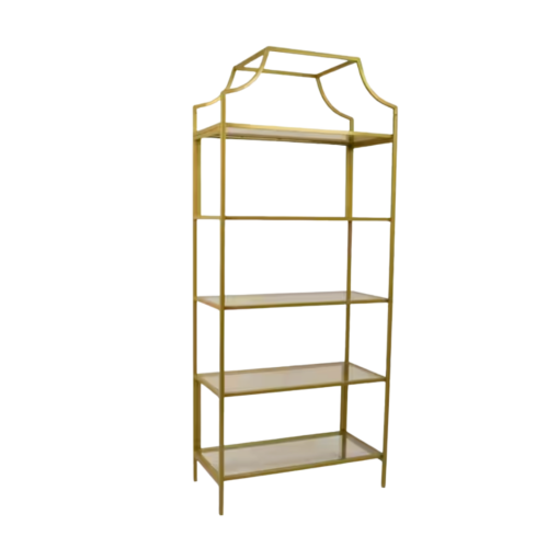 5 tiered rectangular bookshelf etagere with thin gold framing and glass shelves. Top has a curved upper accent.