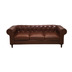 Brown leather chesterfield sofa with rolled arms and nail head trim