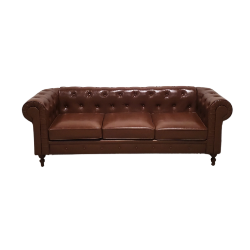 Brown leather chesterfield sofa with rolled arms and nail head trim