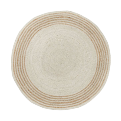 Round jute round rug with light brown around the outter foot and tan in the middle. Textured.